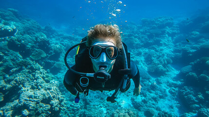 Naklejka na ściany i meble Diver swimming through the coral reef generative ai