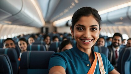 Smiling Indian flight attendant takes a selfie with passengers in the background on an airplane. - obrazy, fototapety, plakaty