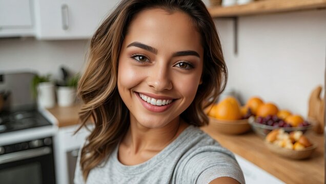 Happy Hispanic woman smiling for a selfie in a modern kitchen with fruit on the counter.