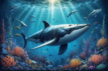 Big blue Humpback whale swims under the water.Awesome underwater beauty scene with rays of light.Cartoon sketch style