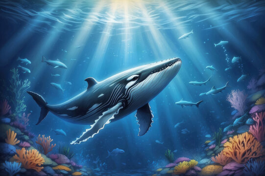 Big blue Humpback whale swims under the water.Awesome underwater beauty scene with rays of light.Cartoon sketch style