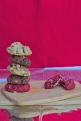 Tower of chocolate chip cookies on a table