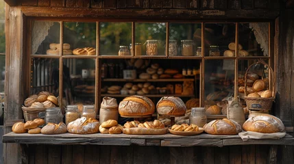 Tuinposter A rustic bakery shop with a display of freshly baked bread in the window. © memoona