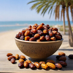 Dried Date palm fruit bowl on a table by the sea, AI-generated