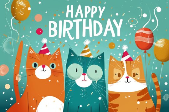 Happy Birthday with colorful cartoon cats on blue background Generative AI