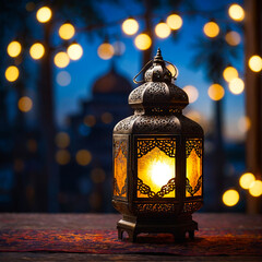 Islamic lantern on table city skyline on the background for Adha and Fitr Eid. Ai generated