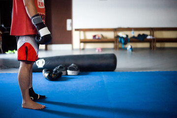 A Muay Thai practitioner exudes power and determination in the gym, showcasing impressive physical...