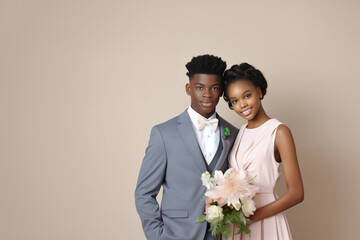 Radiant Young Couple at Prom Night in Elegant Attire with Fresh Flowers, Open Empty Copy Space for Text within a Poster, Invitation or Announcement, Fill in the blank, Horizontal Landscape