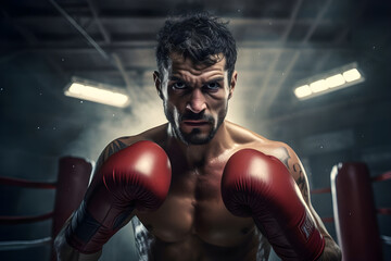 Portrait of boxer in red boxing gloves on dark gym background - Ai Generated