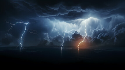 Naklejka na ściany i meble Roaring thunderstorm, shocking lightning shines in the dark sky