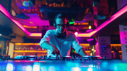 DJ in headphones at a disco in neon lights and beams