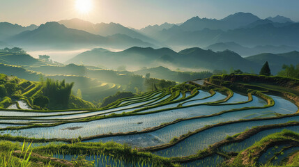 rice fields in the mountains at dawn