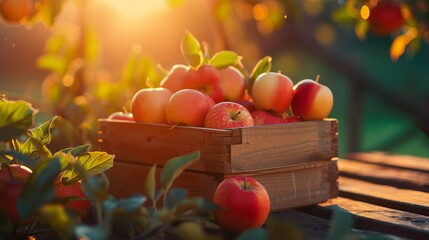 
Apples in a wooden box on the table at sunset. Generative AI