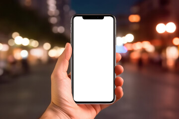 closeup hand displaying a smartphone with blank screen mockup against a backdrop of blurred city lights, creating an alluring urban atmosphere