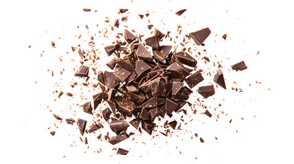 Chopped dark chocolate isolated on white, top view