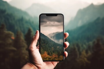 hand cradles a smartphone that captures a majestic mountain vista, blending the boundaries between the digital and the natural world