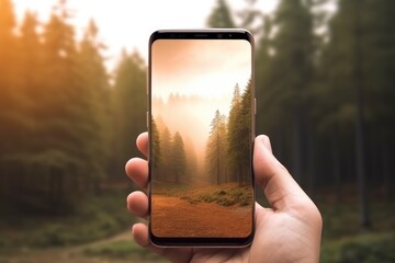hand holds up a smartphone against a forest backdrop, perfectly capturing the essence of the woods on its screen - obrazy, fototapety, plakaty