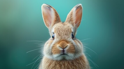 Close-up portrait of a funny rabbit against a turquoise background