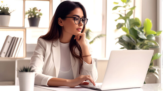Business woman in the office working on a laptop computer. Ai generated.