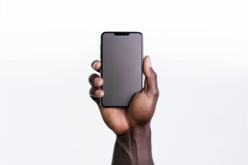 African man hand holds a smartphone aloft, showcasing the sleek design against a minimalist white backdrop