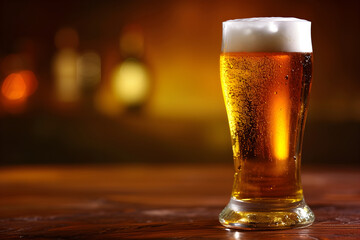 A close-up view of steamed mug of cold beer or ale, with foam the rim of the glass, on a wooden table and a dark background in an Irish pub or english pub. bar counter with lights