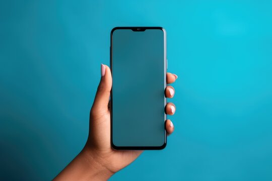 African female hand holds up a smartphone with a blank screen, ready to bridge communication on a turquoise background