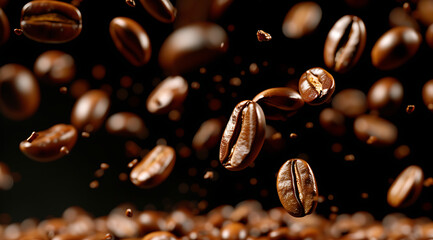 coffee beans falling downward on a black background i