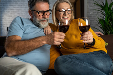 Happy mature couple in love hugging holding glasses, drinking wine, celebrating Valentines day dining at home together, having romantic dinner date with candles sitting at table, embracing and bonding