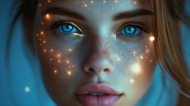 A young woman portrait in star dust, fun party concept.
