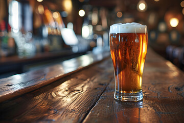 A close-up view of steamed mug of cold beer or ale, with foam the rim of the glass, on a wooden table and a dark background in an Irish pub or english pub. bar counter with lights