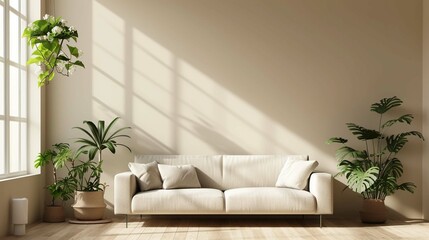 
Beautiful beige modern minimalist room design with sofa and plants.