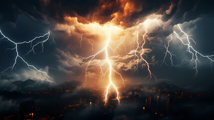 Fototapeta na wymiar Roaring thunderstorm, shocking lightning shines in the dark sky