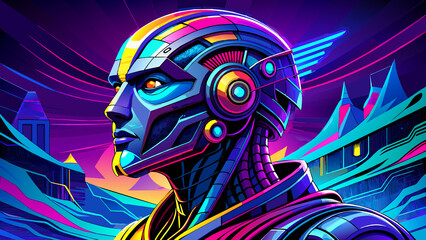 A side view of a humanoid head with blue and yellow eyes, alongside a vibrant neon neural network, symbolizing futuristic technology and artificial intelligence, Generative AI.