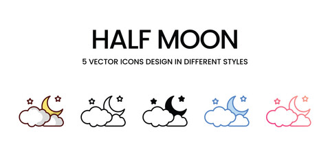 Half Moon Icon Design in Five style with Editable Stroke. Line, Solid, Flat Line, Duo Tone Color, and Color Gradient Line. Suitable for Web Page, Mobile App, UI, UX and GUI design.