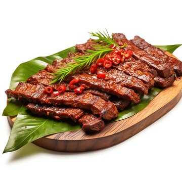 a dendeng batokok or dendeng balado is typical cuisine from minang sumatera barat, studio light , isolated on white background