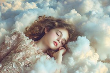 Beautiful young woman with a smile sleeps on a bed with a soft white dazzling blanket and pillows that float in the clouds against the background of a blue bright sky