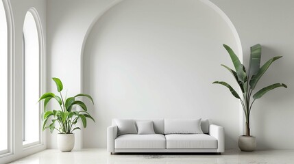 
Beautiful modern minimalist room design with sofa and plant.                                                                        
