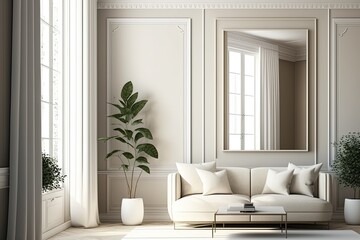 The interior of the room is in white tones. Design Guest room. Sofa, pillows, flowers. AI generated.