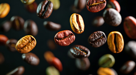 coffee beans with different colours floating above a  - obrazy, fototapety, plakaty