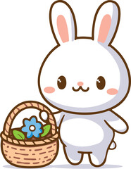 white hare with a wicker basket of flowers vector simple drawing