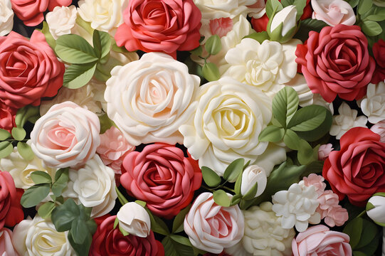 White and pink roses and daisies in a floral wedding arrangement - Ai Generated