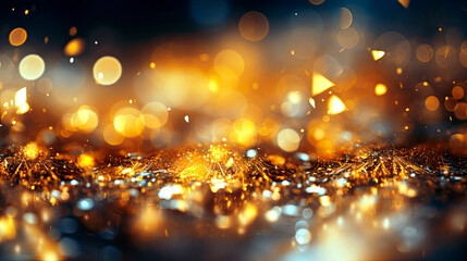 Fototapeta na wymiar golden particles shining stars dust bokeh glitter awards dust abstract background. Futuristic glittering in space on gold background.