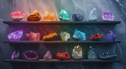 colored gemstone stacked on shelves on wall in
