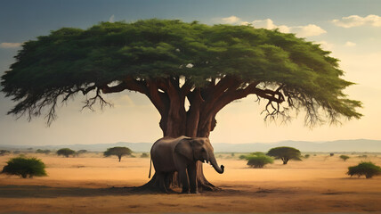 Lonely elephant and baobab tree