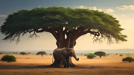 Gordijnen Lonely elephant and baobab tree © Hanna Ohnivenko