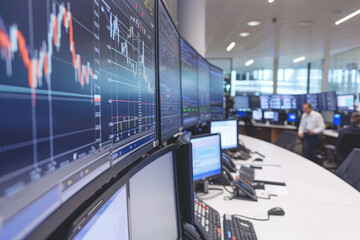 Trading Floor with Financial Market Data on multiple screens displaying real-time financial market data. - obrazy, fototapety, plakaty