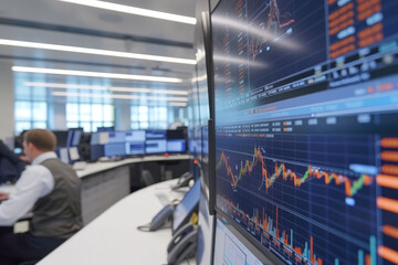 Trading Floor with Financial Market Data on multiple screens displaying real-time financial market data.
