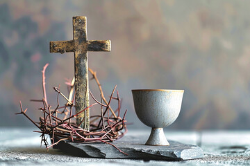Lenten season. Holy Week. A cross, a chalice and a crown of thorns.