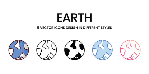 Earth Icon Design in Five style with Editable Stroke. Line, Solid, Flat Line, Duo Tone Color, and Color Gradient Line. Suitable for Web Page, Mobile App, UI, UX and GUI design.