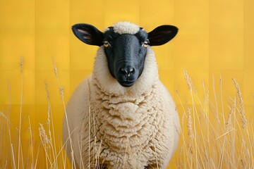 A sheep with black and white striping standing above yellow grass and big space, Generative AI.